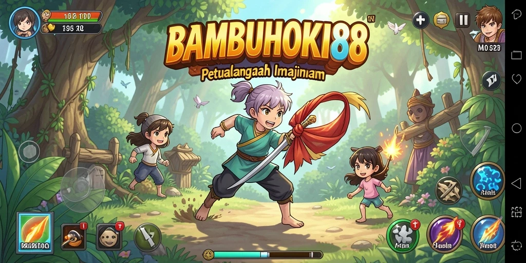 Screenshot gameplay BAMBUHOKI88 menampilkan aksi penuh warna dan karakter yang menawan.