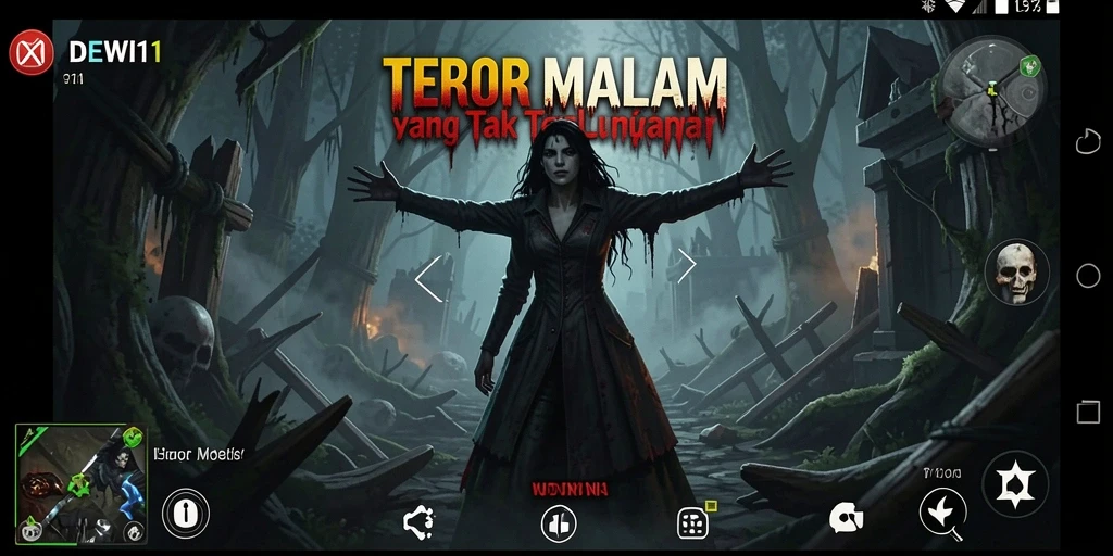 Screenshot gameplay DEWI11 menampilkan suasana horor yang mencekam.