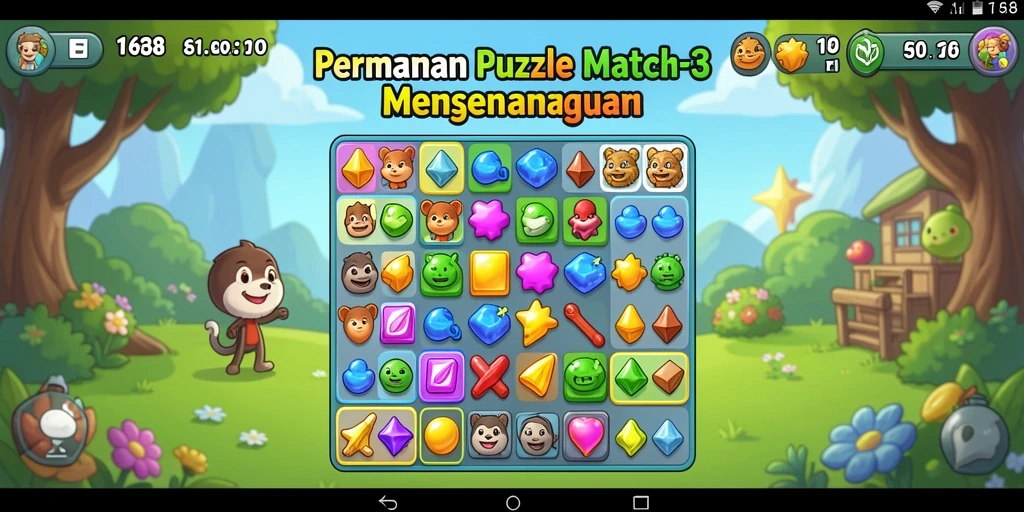 Screenshot menampilkan gameplay FB168 dengan gaya Match-3 yang menawan.