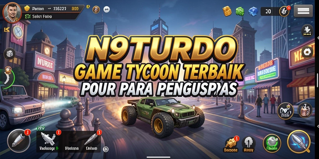 Tampilan gameplay N9TURBO dengan berbagai opsi manajemen bisnis.