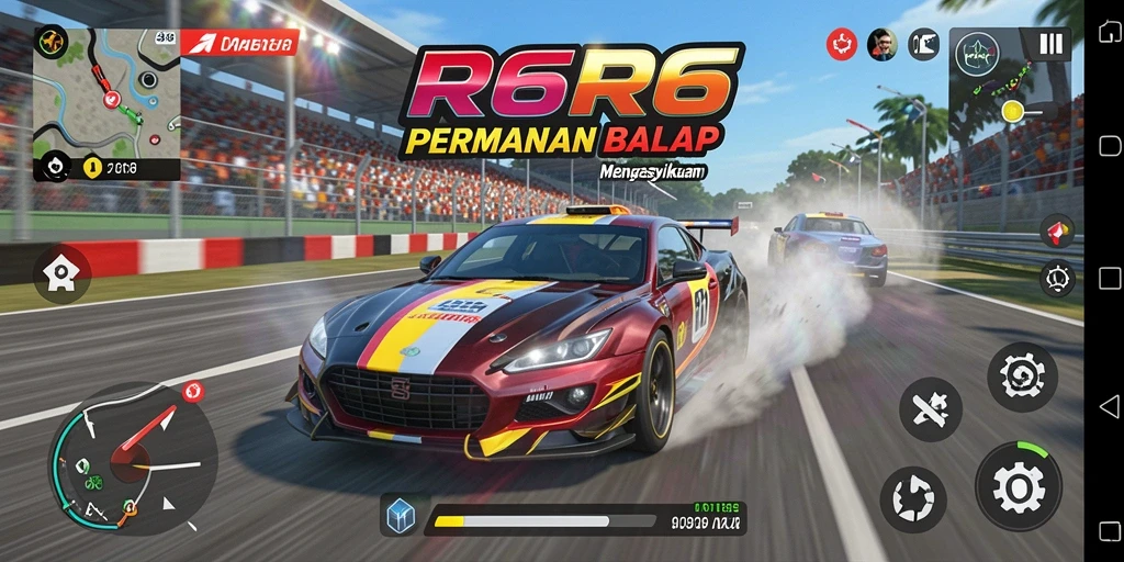 Screenshot gameplay R6R6 menampilkan balapan seru di lintasan yang menantang.