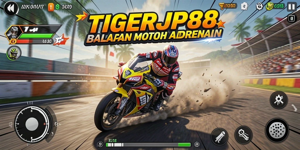 Screenshot gameplay TIGERJP88 menampilkan balapan motor yang seru dan dramatis.