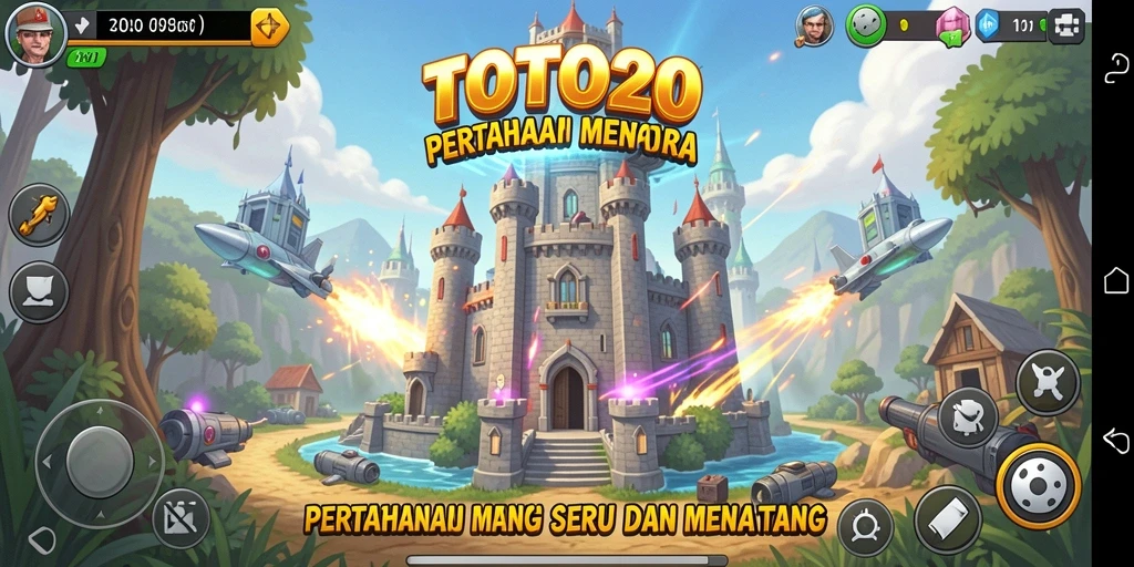 Tampilan gameplay TOTO20 dengan pertahanan menara yang strategis.
